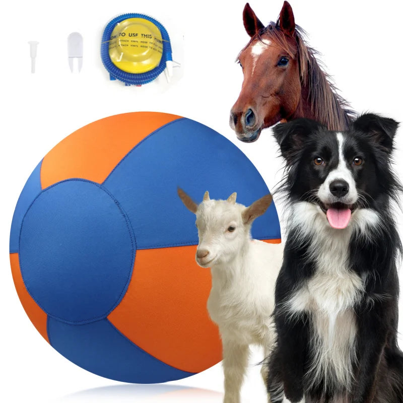 Large blue and orange fabric-covered interactive ball with an included air pump, shown with a dog, goat, and horse.