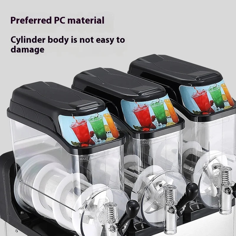Commercial stainless steel slushie machine with three durable, clear polycarbonate bowls and black lids.