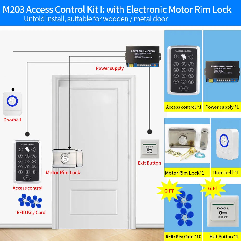 Access control kit with silver metal motor rim lock, black keypad, power supply, doorbell, exit button, and RFID cards.