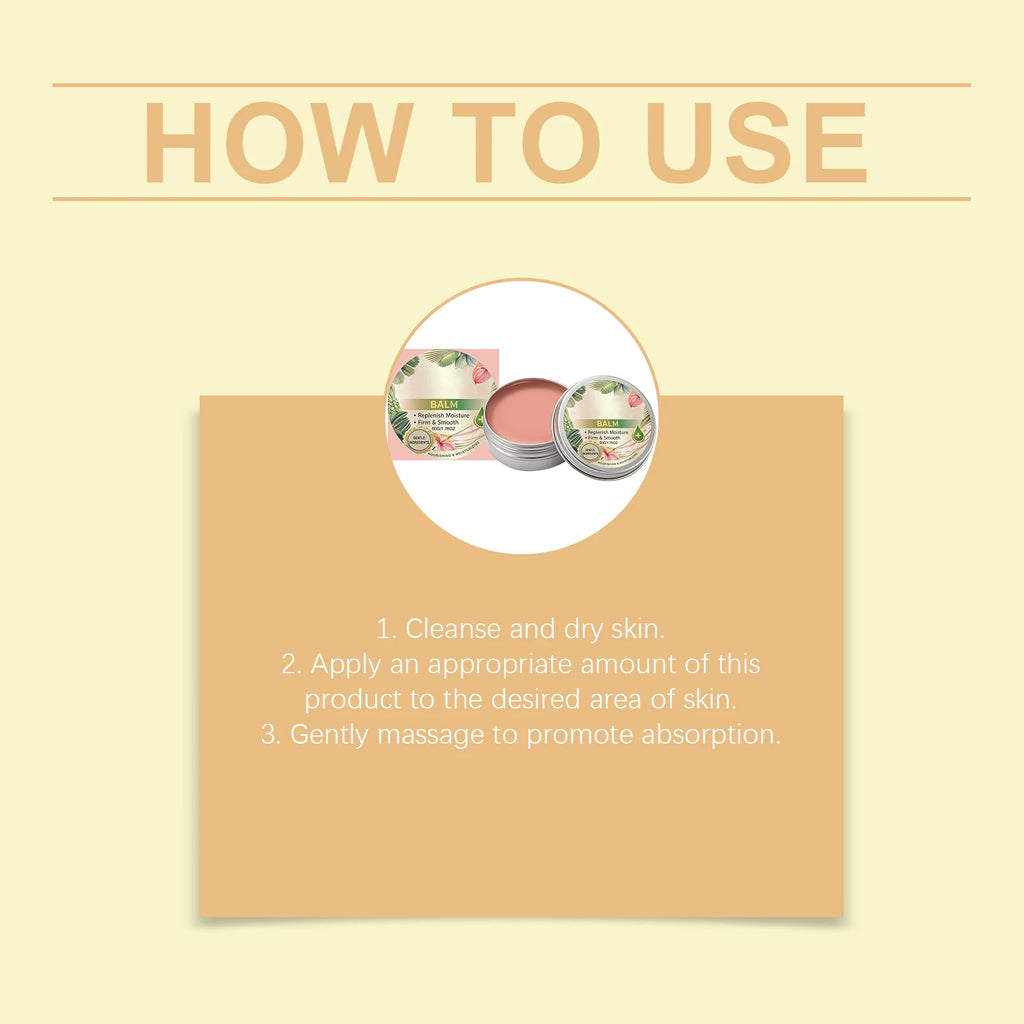 Instructions for a peach-colored moisturizing skin balm in a round metal tin with tropical leaf packaging.