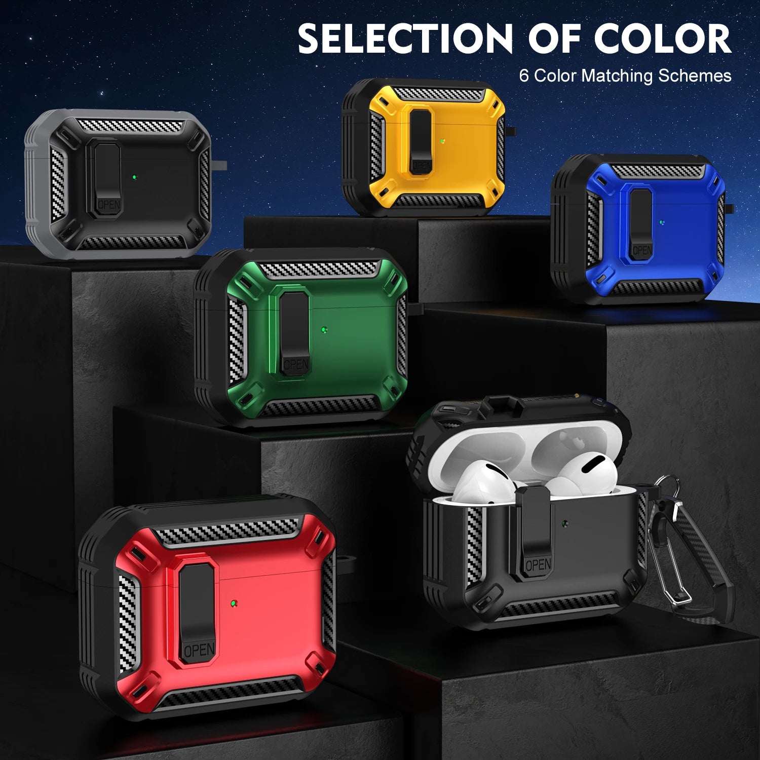 Rugged carbon fibre style AirPod Pro cases, available in six colours with secure locking mechanism.