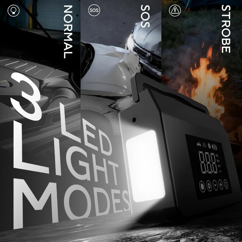 Black Hieha car jump starter with bright LED light on, digital display, and text overlay showing three LED modes.