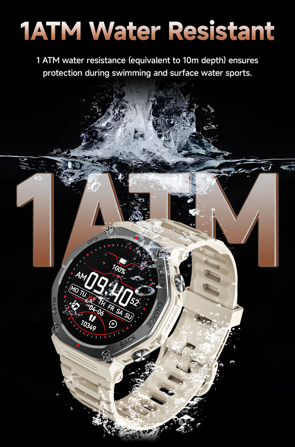 Beige rugged smartwatch with digital display, GPS and water resistance, splashing in water against a black background.