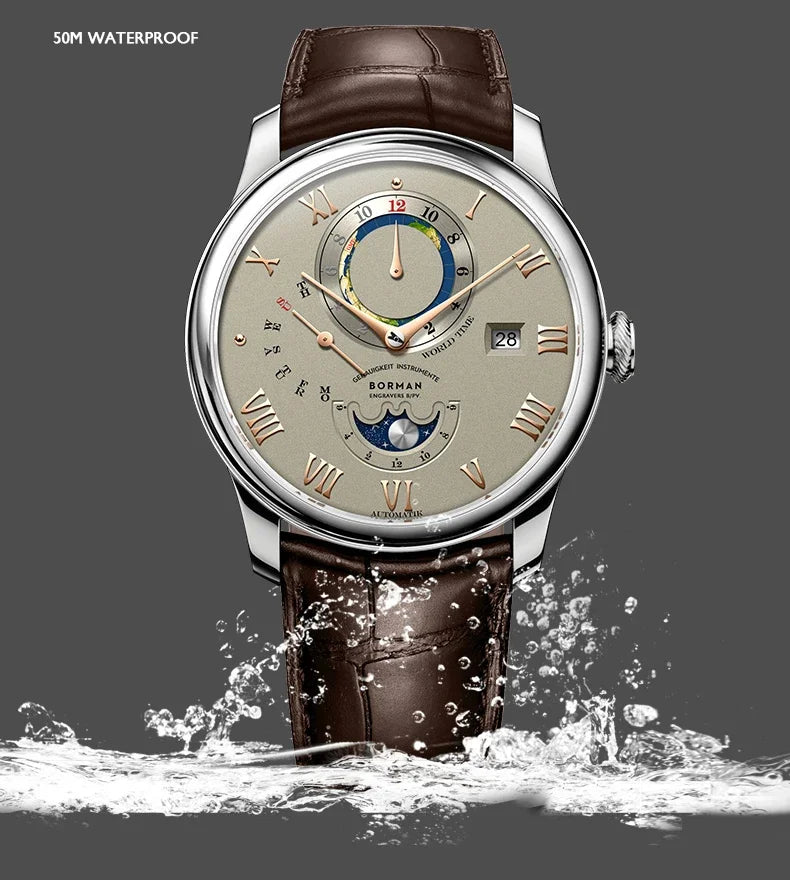 Men's silver mechanical watch with beige dial, rose gold Roman numerals, moon phase, world time, and brown leather strap.
