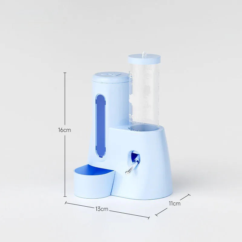 Light blue 2-in-1 pet food bowl and water dispenser with a clear vertical bottle and measurements shown.