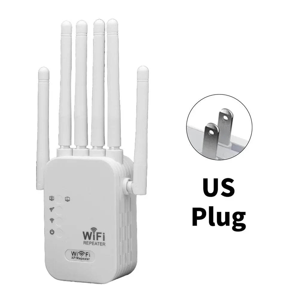 White WiFi signal booster with four external antennas and US plug type.