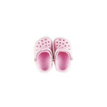 A pair of cute, light pink miniature sandals for cats with a classic clog design and breathable holes.