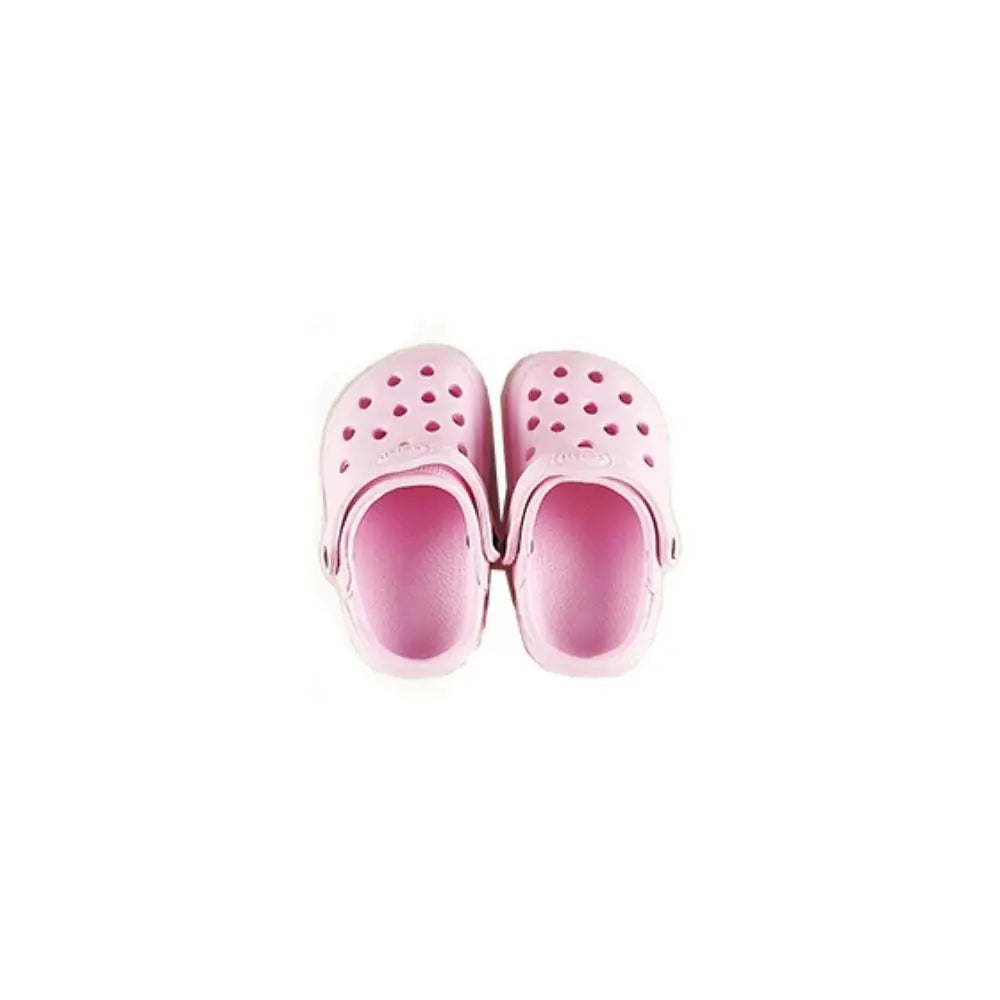 A pair of cute, light pink miniature sandals for cats with a classic clog design and breathable holes.