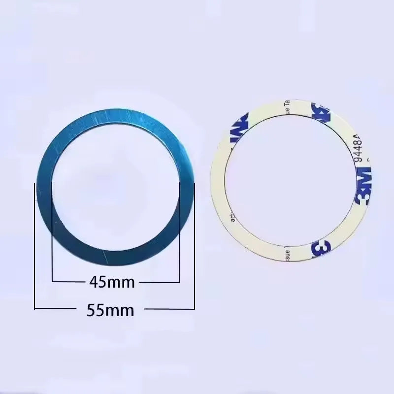 Blue circular adhesive bezel ring measuring 45mm inner and 55mm outer diameter, shown from both sides.