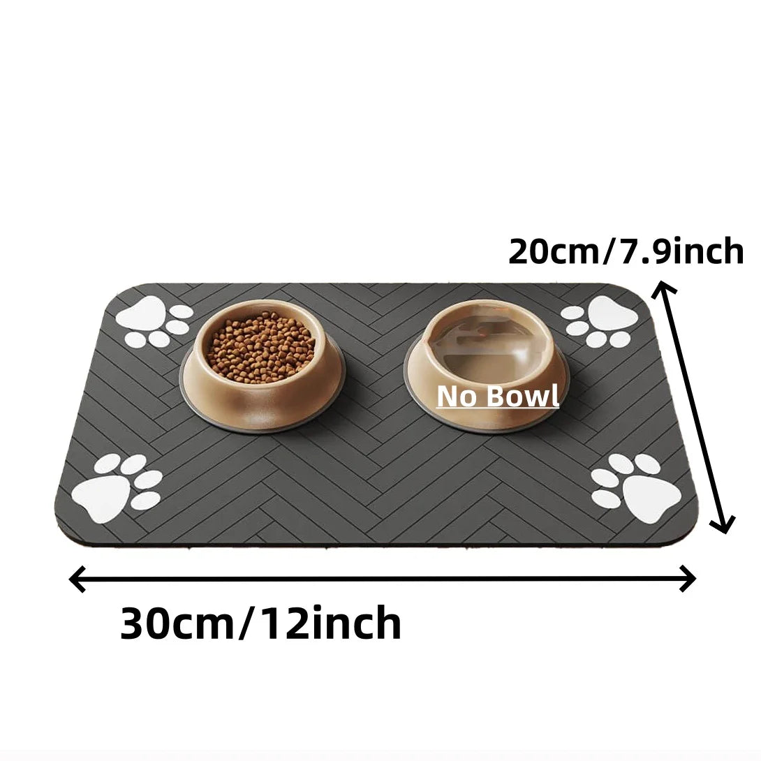 Grey rectangular pet feeding mat with white paw prints, herringbone pattern, and dimension labels. 30x20cm.