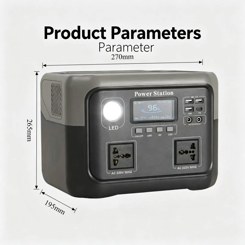 Gray and black power station with LED light, display screen, USB ports, and AC outlets with dimension arrows.