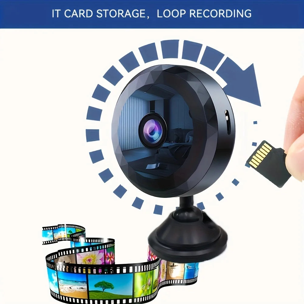 Black plastic mini security camera on a stand with an SD card slot and loop recording functionality.
