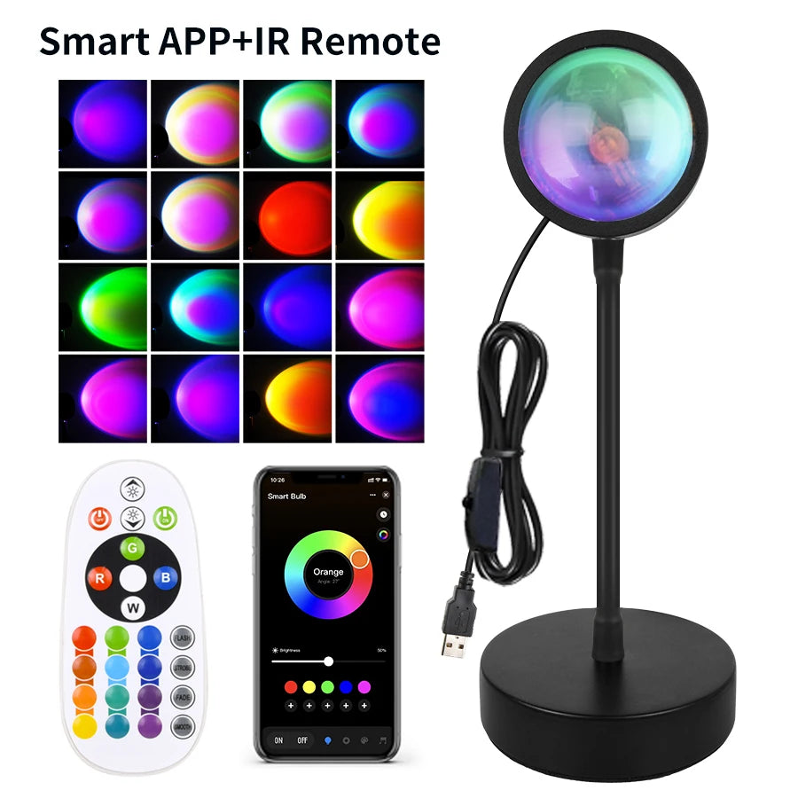 Smart LED sunset lamp with RGB colour projection, adjustable via app or remote, including a stable base and USB cable.