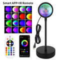 Smart LED sunset lamp with RGB colour projection, adjustable via app or remote, including a stable base and USB cable.