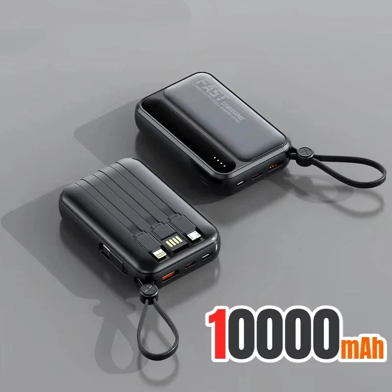 Two sleek, black 10,000mAh portable power banks with integrated charging cables and handy carry loops.