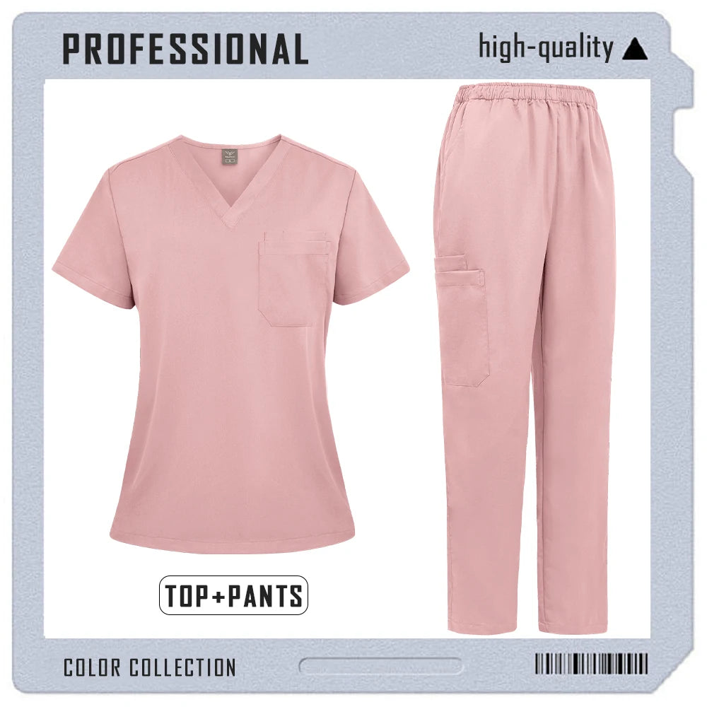 Dusty pink unisex scrub set featuring a V-neck top with a chest pocket and matching trousers with side pockets.