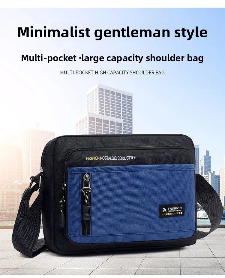 A black and blue men’s crossbody bag with multiple zip pockets, adjustable strap, and a minimalist design.