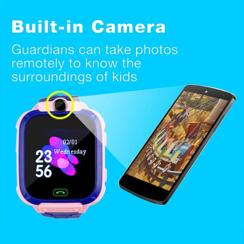 Pink and blue kids' smart watch with a built-in camera, showing a photo being sent to a mobile phone.