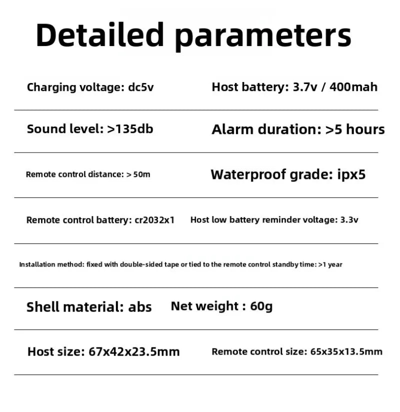 A specification table for an ABS plastic alarm system with 135dB sound, 50m remote range, and 5-hour battery life.