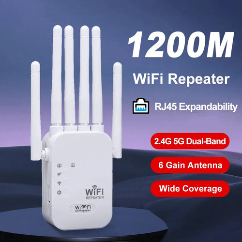 White 1200Mbps WiFi repeater with 4 external antennas, dual-band support and RJ45 port for signal extension.