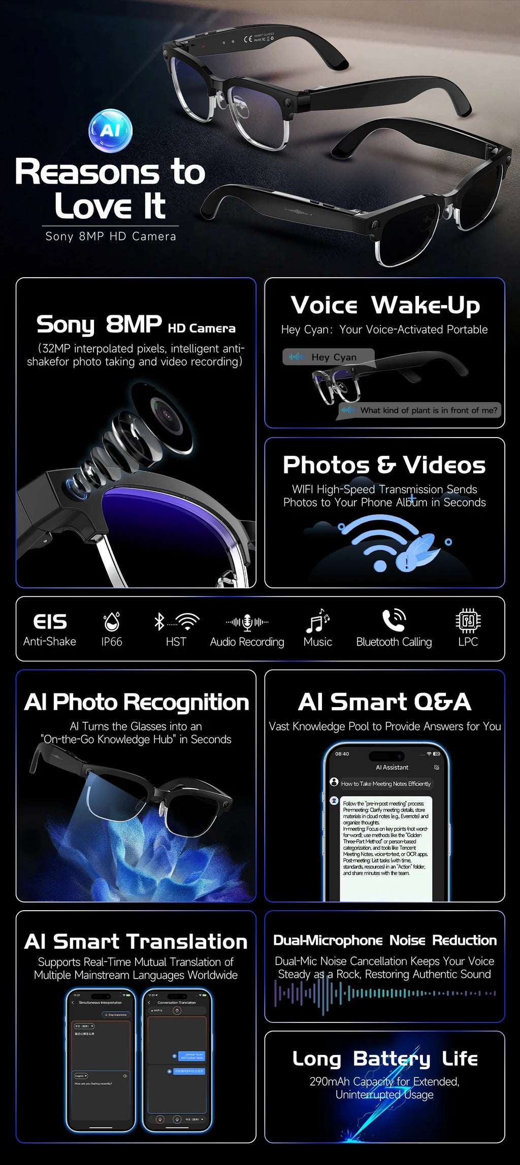 Black, sleek AI smart glasses with a built-in camera, microphone, and translation features for hands-free recording.