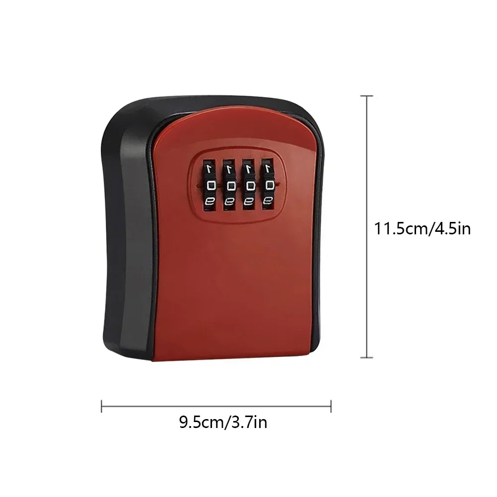 Red and black metal wall-mounted key lock box with a four-digit combination dial and dimensions shown in centimeters.