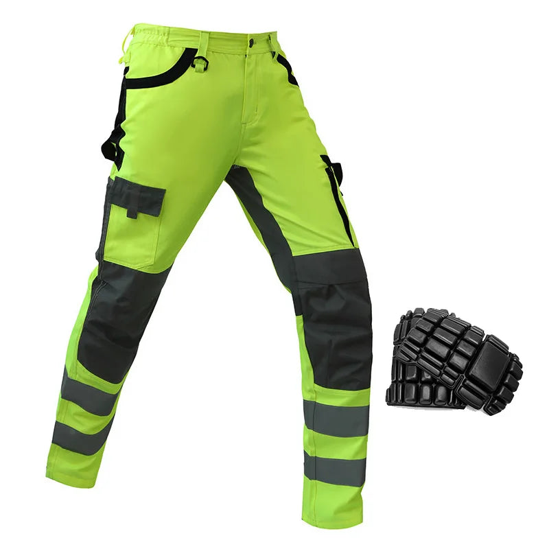 Hi-vis neon yellow work trousers with dark grey reinforced knees, multiple pockets, and detachable knee pads.