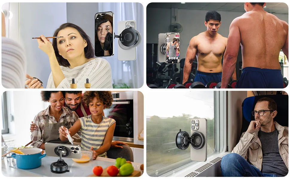 Magnetic smartphone suction mount in black, shown attached to mirrors, windows, and tables for hands-free use.