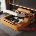 Luxury tan leather storage bed with LED lighting, built-in side tables, speakers, and an elevating mattress base.