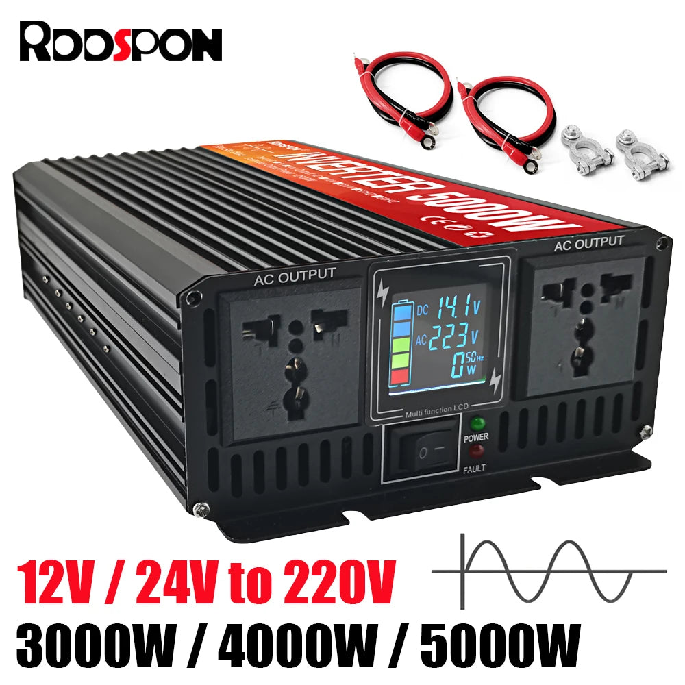 Black 12V/24V to 220V power inverter with dual AC sockets, digital LCD display, and included battery cables.
