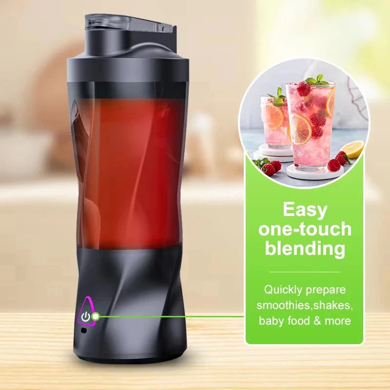 Black portable electric blender with a sleek design and one-touch power button, blending a red smoothie.
