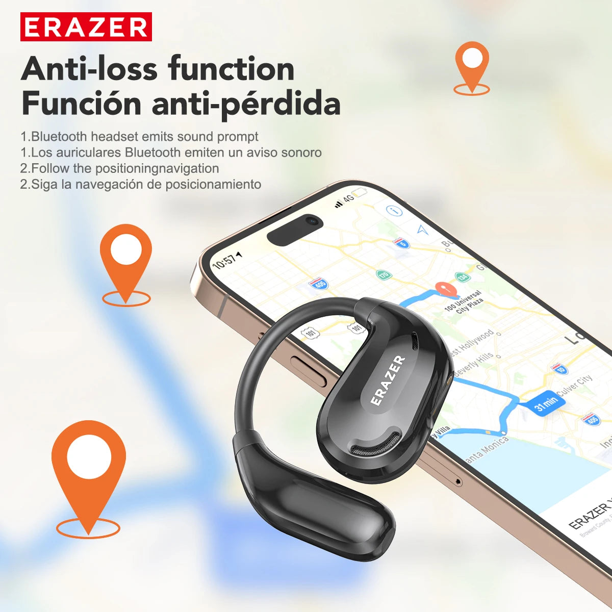 Glossy black wireless ear hook headphone placed on a smartphone screen showing a navigation map with location pins.