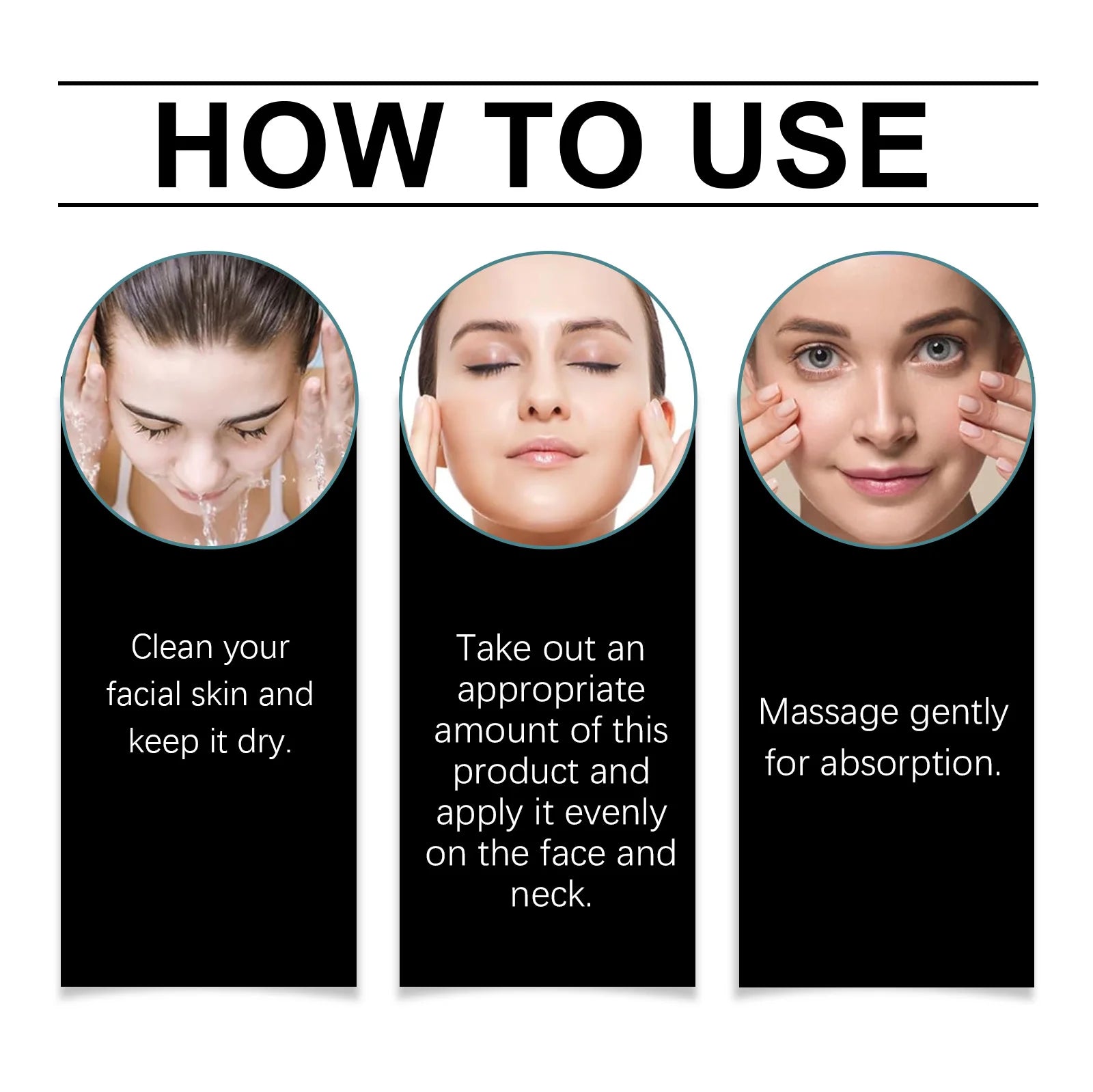 Three-step guide showing a woman cleaning her face, applying cream, and massaging it into her skin for absorption.