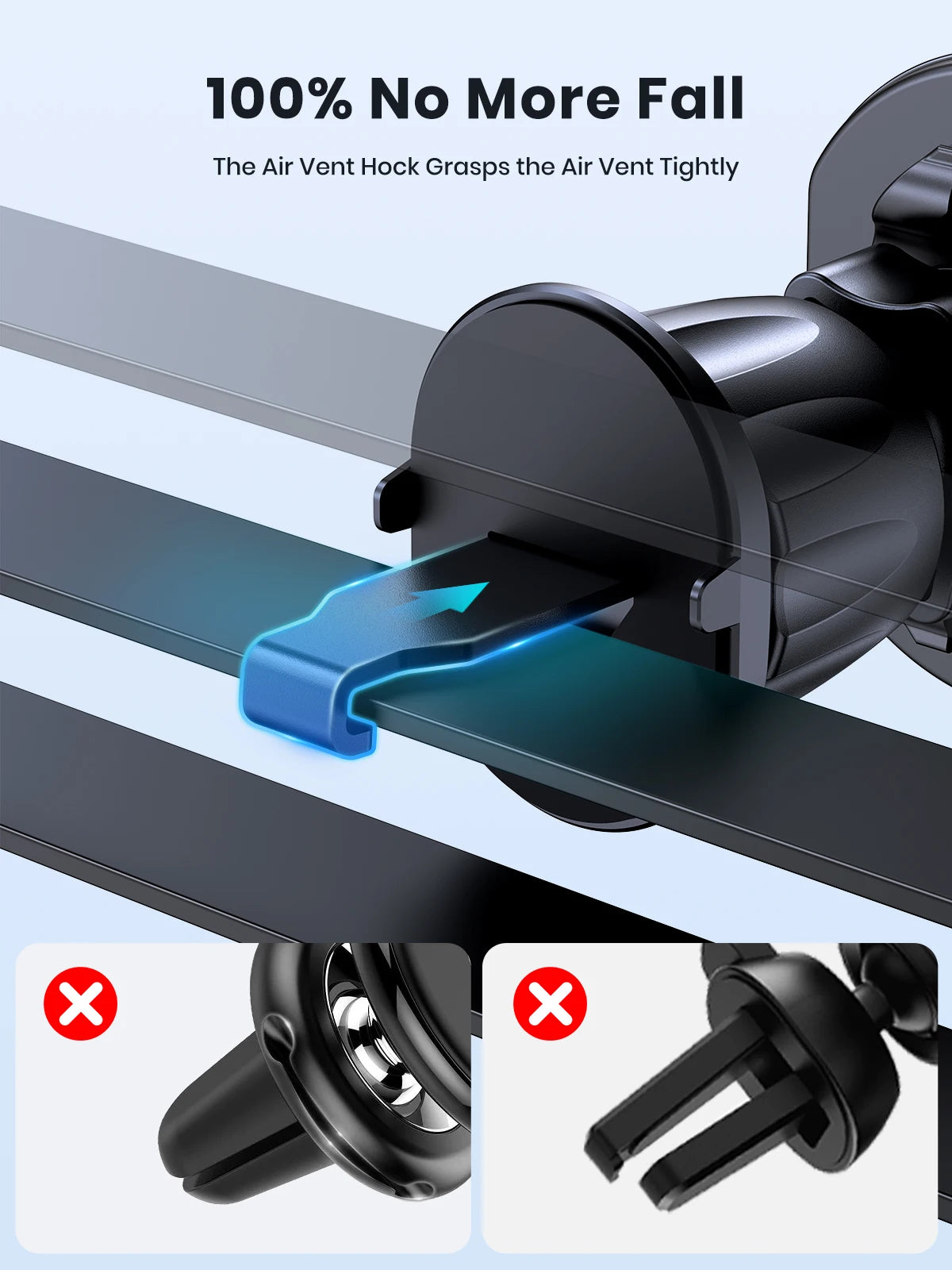 Black car air vent phone mount with a secure hook design, shown with illustrative examples of mounting styles.
