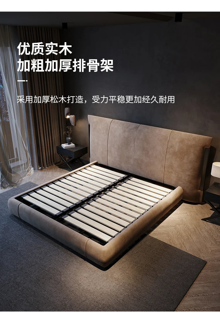 Contemporary Nordic-style upholstered bed with a soft beige fabric headboard and a durable pine slatted base.