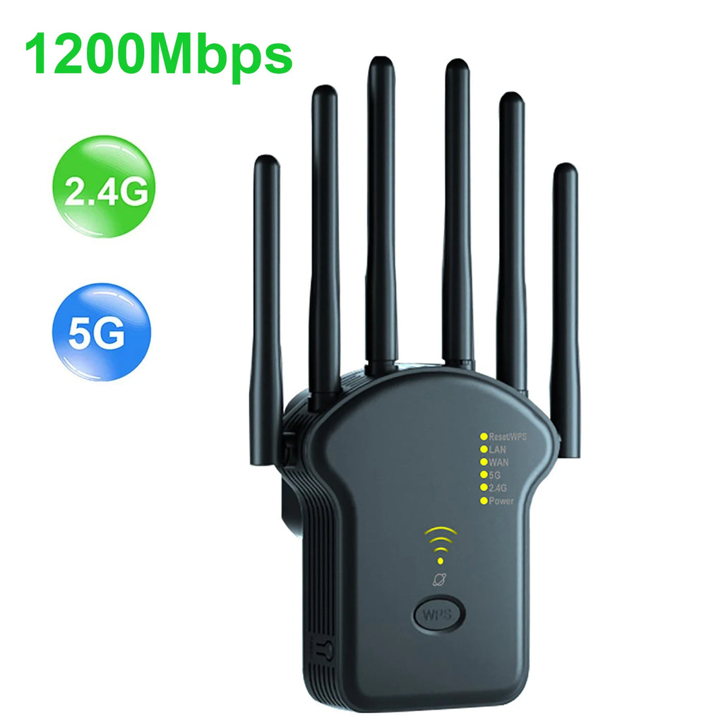 Black 1200Mbps WiFi range extender with six antennas, dual-band 2.4G/5G support, and WPS button.