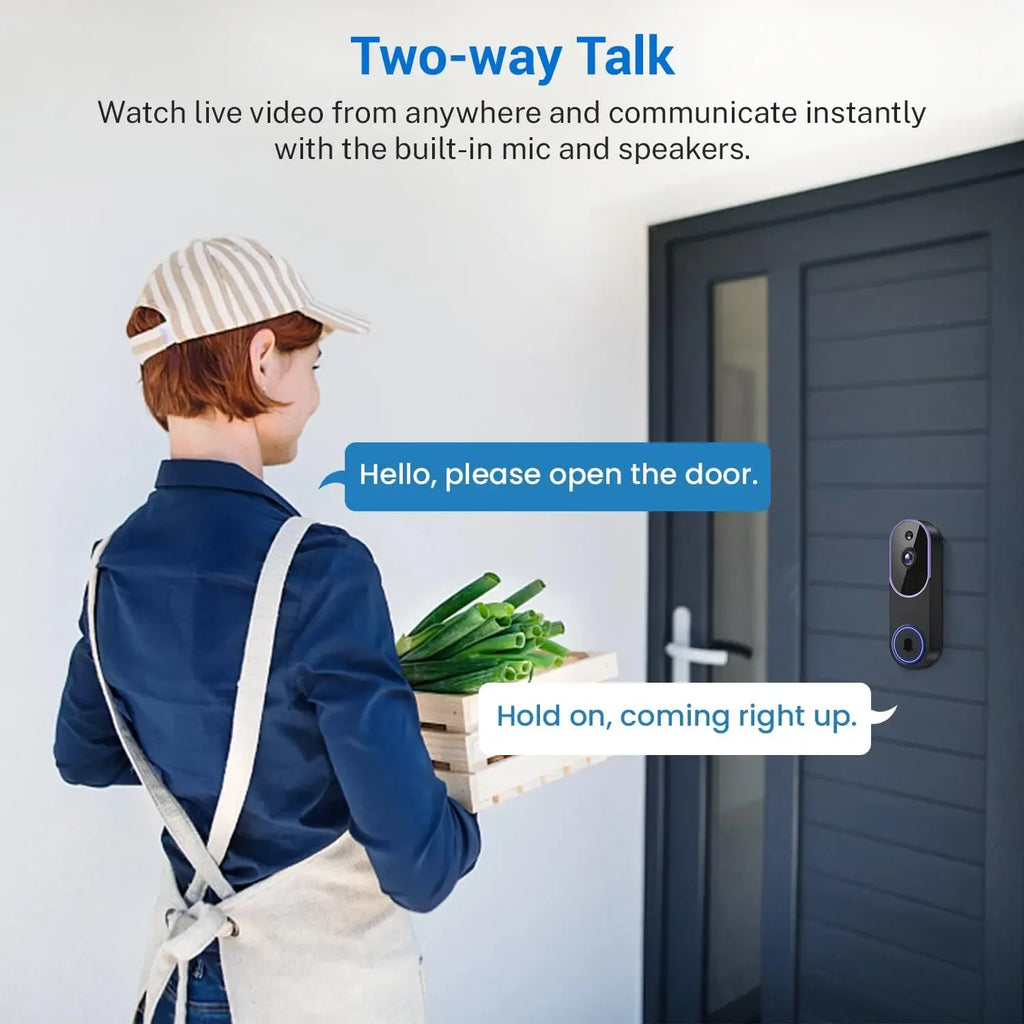 Sleek black smart video doorbell mounted on a door, demonstrating two-way talk features with a delivery person.