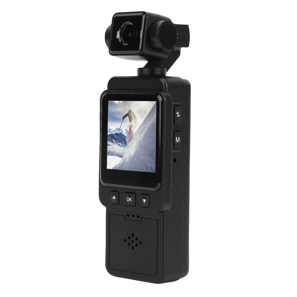 Black plastic handheld gimbal camera with a vertical LCD screen, navigation buttons, and a rotating lens module.