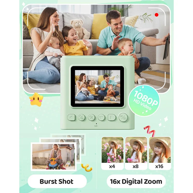 Light green plastic digital kids camera with 1080p video, screen, burst mode, and 16x digital zoom features.