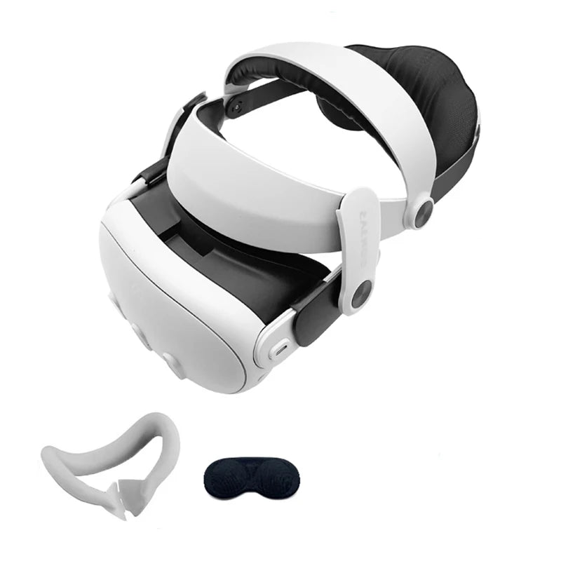 Adjustable white and black halo head strap for Meta Quest 3 with included face interface and lens cover.