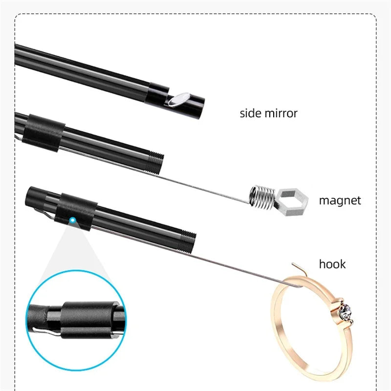 Black industrial endoscope camera showing three interchangeable attachments: side mirror, magnet, and hook.