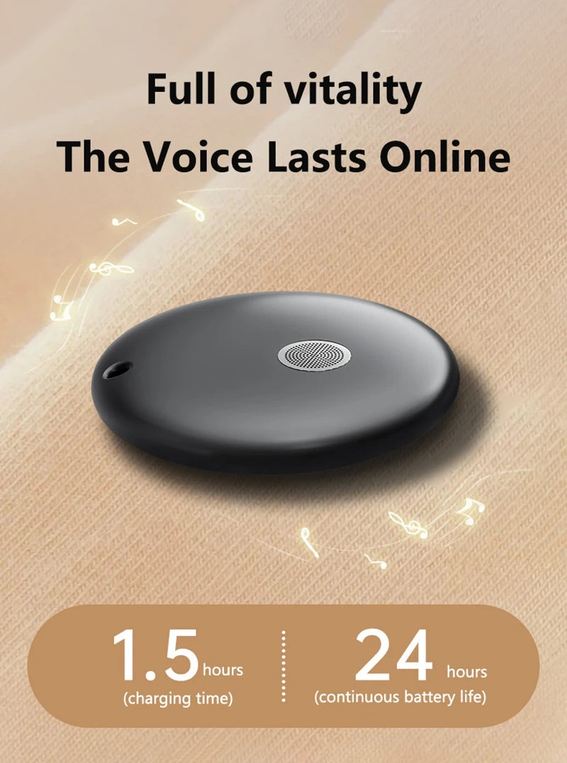 A sleek, black circular portable shower speaker with a silver central grille, shown with musical note graphics.
