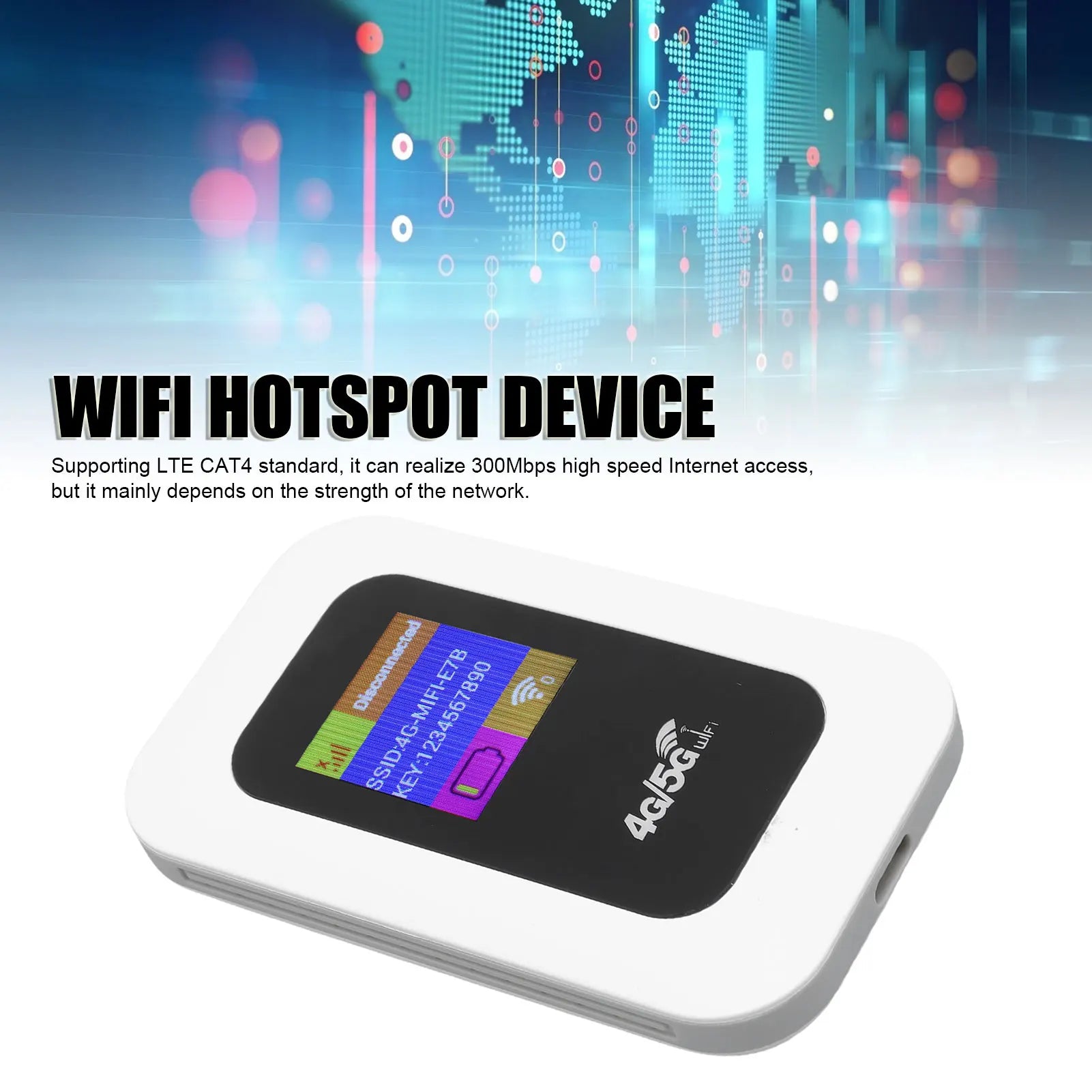A white, compact 4G/5G portable wireless hotspot device with a digital display screen.