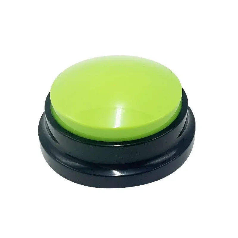 Bright green, round recordable dog training button with a sturdy black base on a white background.