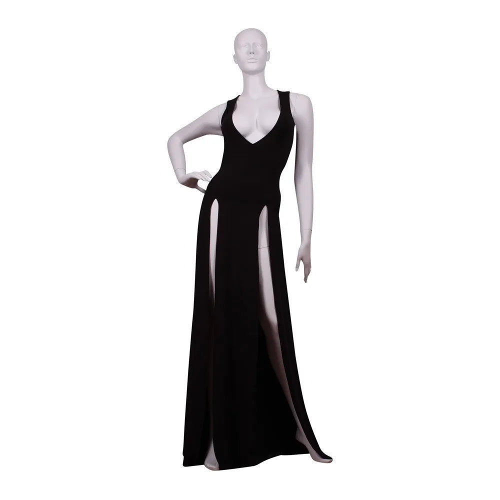 Black bodycon maxi dress with deep V-neck and dual high thigh slits on a white mannequin.