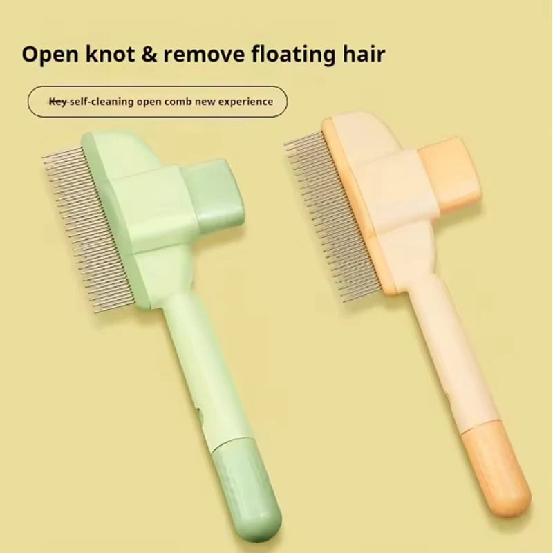 Two self-cleaning pet grooming brushes in pale green and cream, featuring metal teeth and an ergonomic handle.