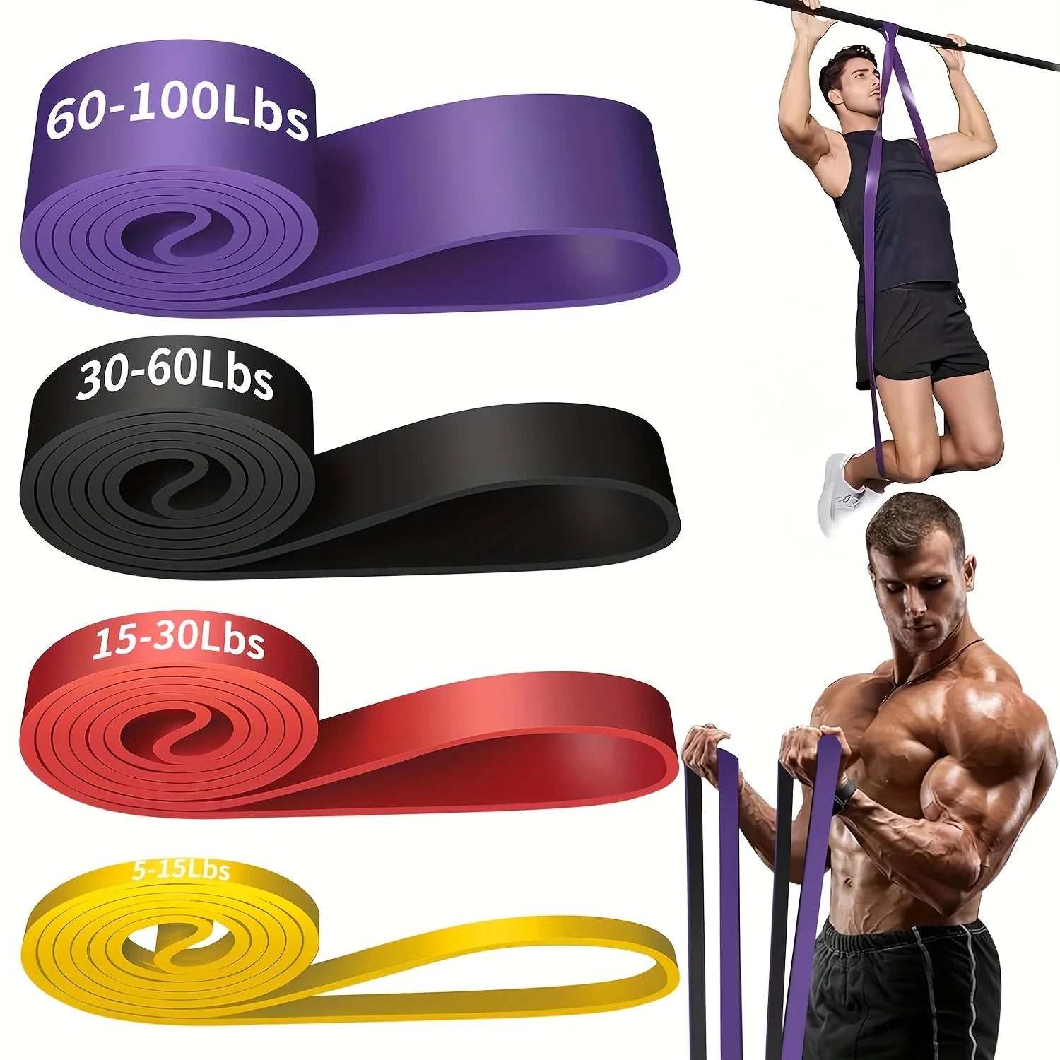 Four colourful resistance bands for exercise, labelled with resistance weights, with people demonstrating usage.