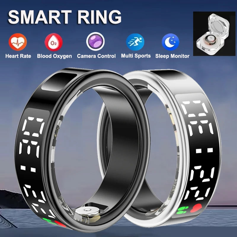 Black and silver smart fitness rings with digital displays and health tracking icons against a sunset background.