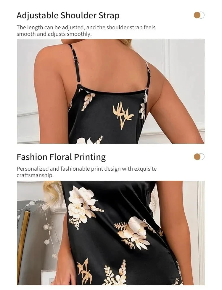 Black satin camisole dress with white floral print and adjustable thin spaghetti straps.