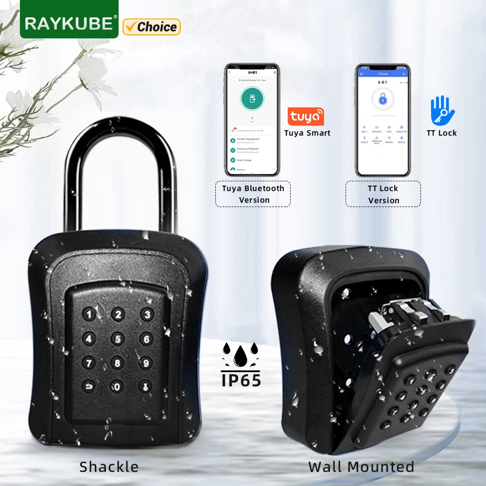 Black IP65 waterproof metal smart key lock box with numeric keypad, Bluetooth app support, and shackle or wall mount.